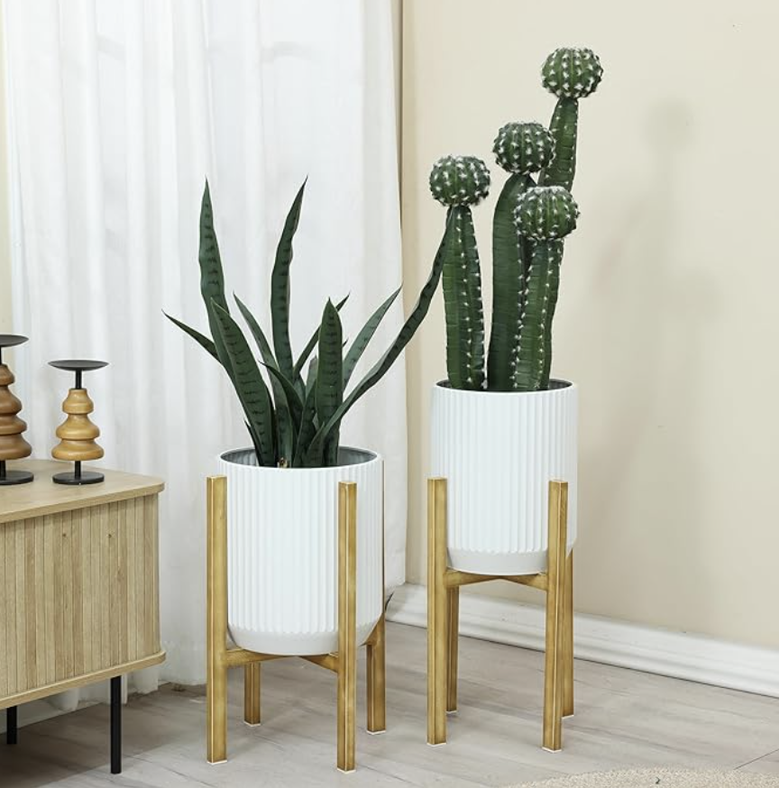 LuxenHome Set of 2 White Metal Cachepot Planters with Gold StandsTextured Round Mid Century Modern Planter with Drainage Holes Large Floor Plant Pot for Indoor Plants